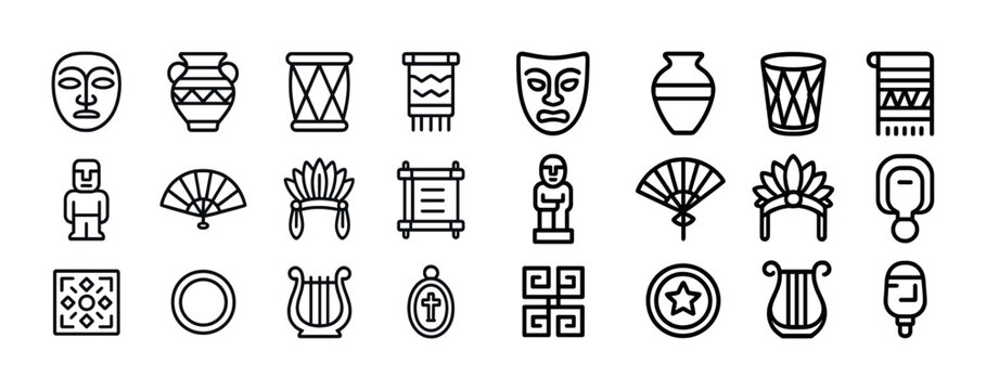 Collection of cultural iconography: masks, pottery, drums, fans, artifacts, musical symbols