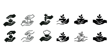 Collection of gardening icons featuring hands holding plants and vegetables