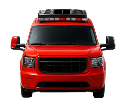 Emergency vehicle featuring built-in side mirrors and roof ventilation system.
