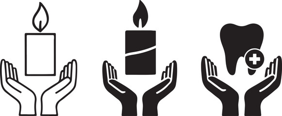 Hands holding candle flame and tooth vector icon illustrations set