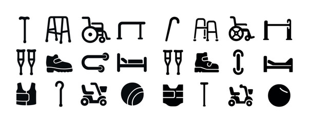 Set of mobility icons including wheelchair, walker, cane, and crutches