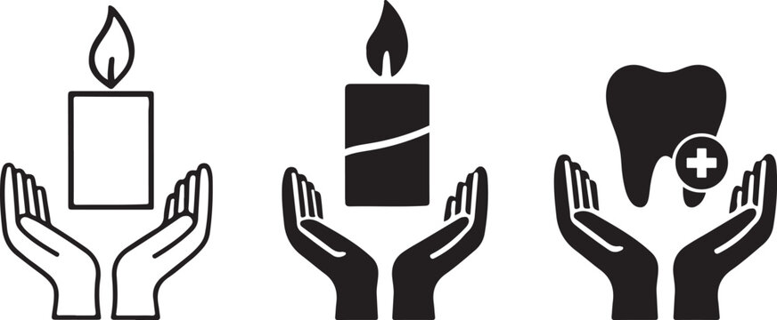 Hands holding candle flame and tooth vector icon illustrations set