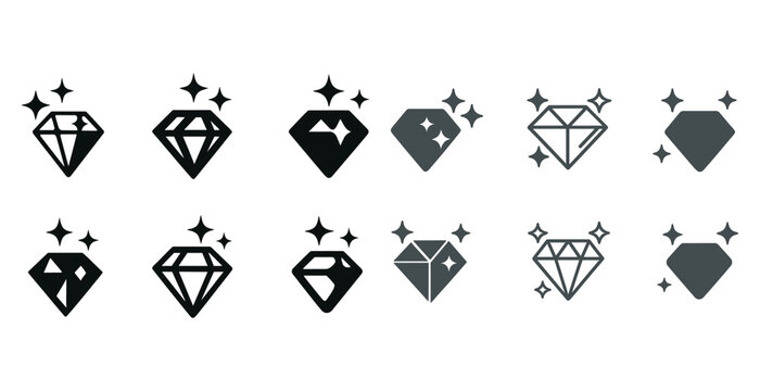Geometric diamond icons set with sparkling stars in various shades of black and gray