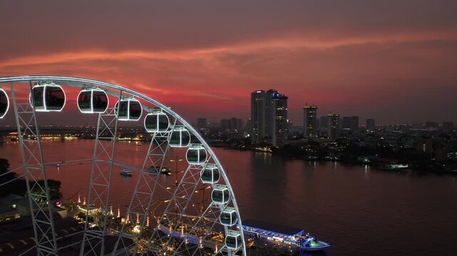 incredible sunset sky bangkok city famous riverside park ferris wheel aerial panorama 4k thailand