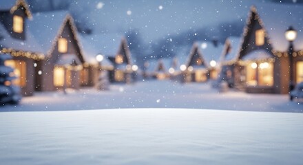 Snow Covered Surface with Blurred Festive Winter Village Background and Falling Snow
