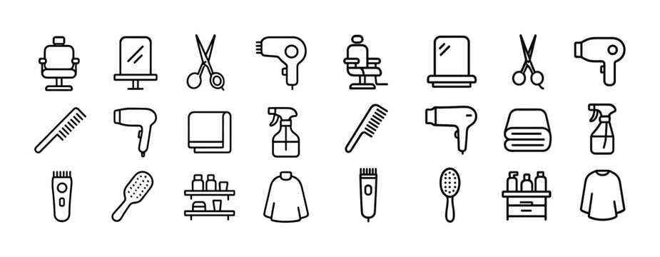 Barber shop tools line art set: scissors, comb, hairdryer, mirror, spray bottle