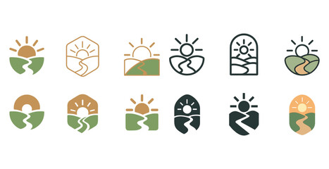 Sunrise landscape icon set with paths and hills in various styles