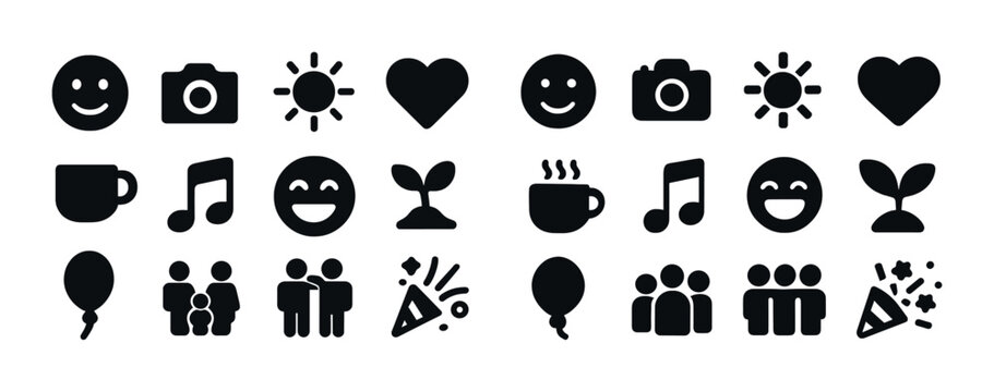 Minimalist icons set: emojis, camera, heart, music, celebration, family, nature