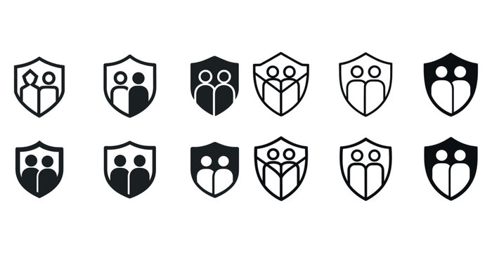 Set of family and group icons: minimalist shield designs in black and white