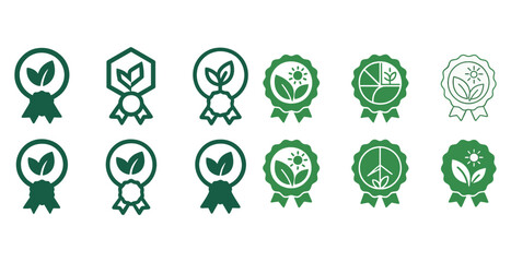 Green eco-friendly award icons - sustainable badges with nature elements