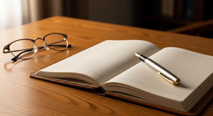 Classic fountain pen resting on an open journal with glasses, inspiring creativity and thoughtful reflection in a warm and inviting setting for writers