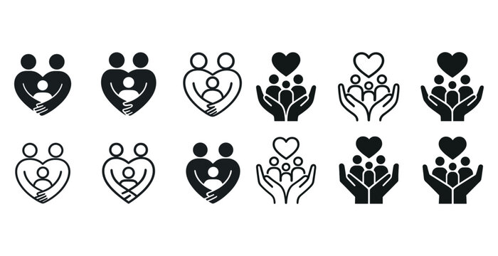 Family icon set: heart, hands, love symbols in black and white