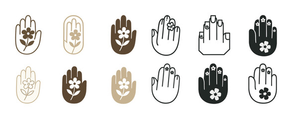 Artistic hand icons featuring diverse floral designs in various styles and colors