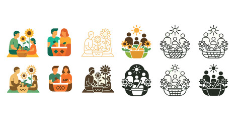 Fototapeta premium Family gardening icons in various styles including line art and colorful designs