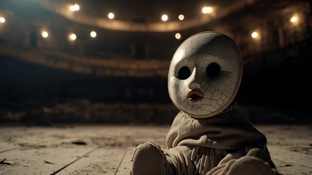 Creepy Mask Doll Figure movie props on Empty Stage Dark Theater