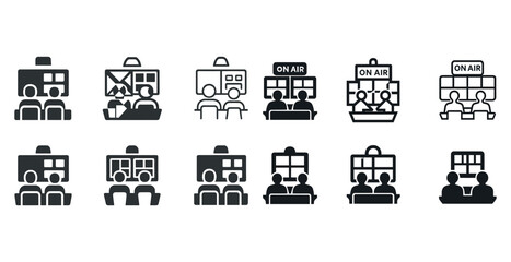 Podcast recording icons set illustrating broadcast and studio sessions