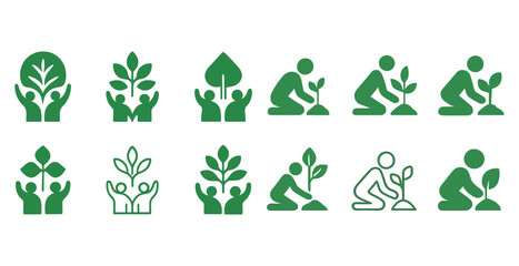 Green icons of people planting trees for environmental awareness and growth