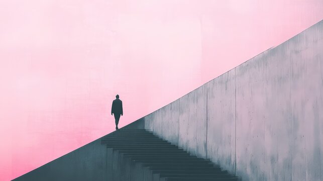 A man is walking up a set of stairs