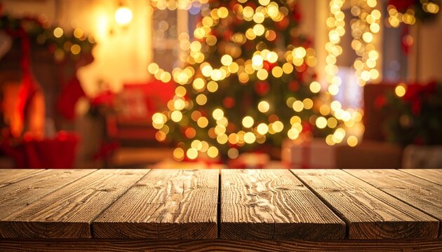 Empty rustic wooden tabletop with a blurred background of a cozy living room decorated for Christmas featuring a glowing tree and warm fireplace