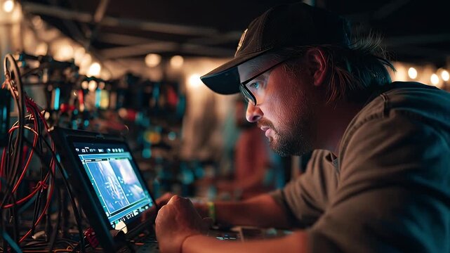 Technician adjusting movie props lighting settings on a laptop