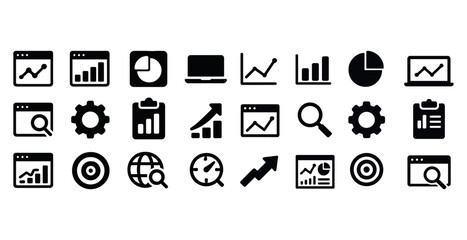 Business analytics icons set: charts, graphs, gear, growth indicators, computers