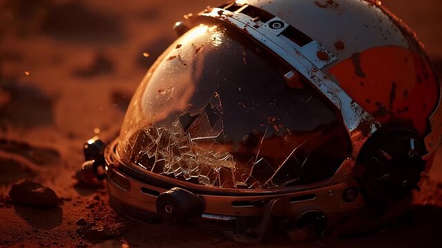 Sci-fi damaged astronaut helmet movie props on desert ground