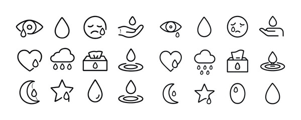 Set of emotional outline icons: sadness, tears, and weather symbols