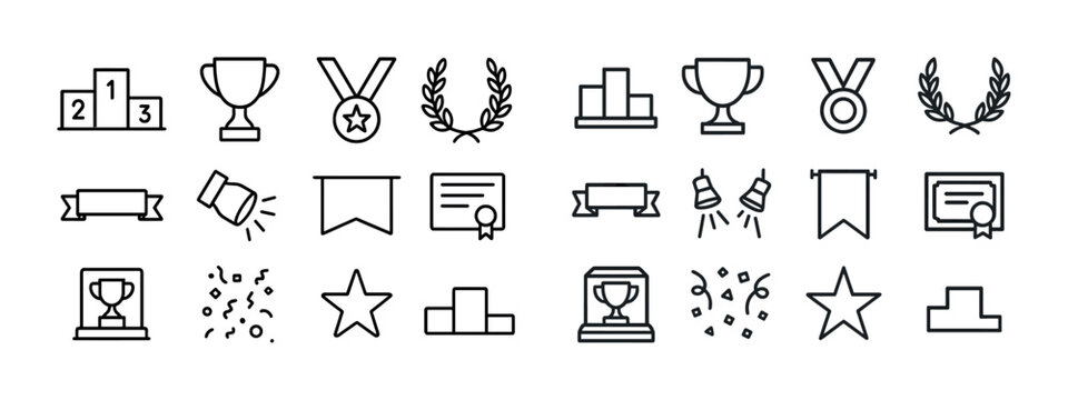 Outline icons of trophies, medals, certificates, and awards in black and white