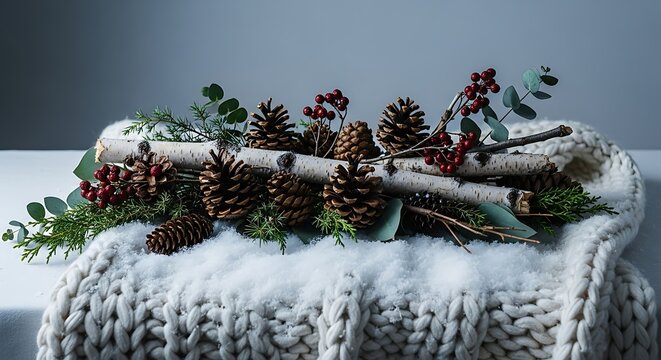 Cozy Winter Holiday Arrangement with Pinecones Red Berries Birch Logs and Greenery on a Soft Knitted Blanket with Faux Snow