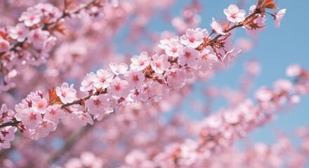 Obraz premium Delicate Cherry Blossom Branch Against a Soft Blue Sky, Springtime Beauty