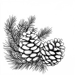 pine cone and branch arrangement, line-art style, white background