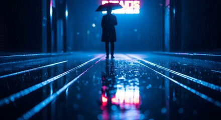 Mysterious figure under an umbrella on a reflective, rain-slicked urban street, bathed in the atmospheric glow of deep blue and vibrant neon reflections