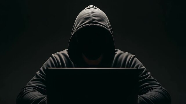 Cybersecurity threat unfolds as hooded hacker exploits system vulnerabilities with rapid keystrokes, stealing crucial data