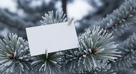 Blank White Card Pinned on Frosted Evergreen Branch with Ice Crystals Winter Season