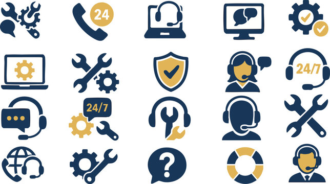 Support Icon Cluster: A collection of various service-related icons, each representing different aspects of support and assistance, designed in a clean and uniform style.