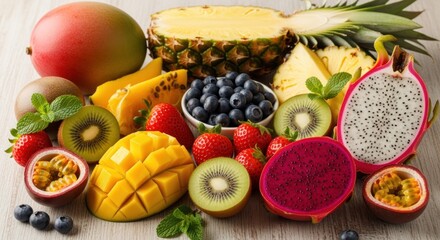Vibrant Assortment of Fresh Tropical Fruits and Berries on Wooden Background