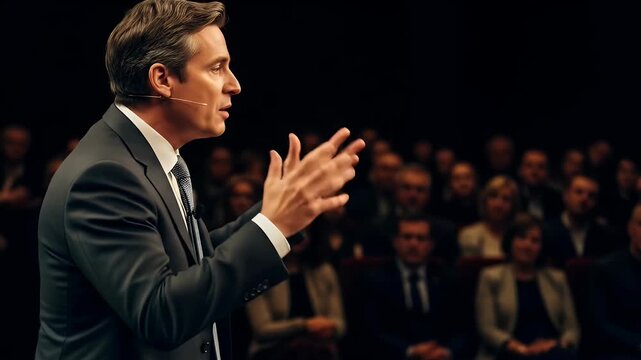 Speech giving to presentation suit audience audience speech man speaker representing authentic visual style and cinematic detail.