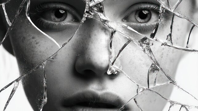 Close up on woman's face peering through fractured glass, monochrome dramatic portrait