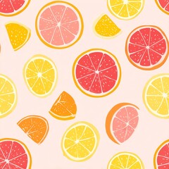 Fototapeta premium Minimal citrus slice icons (grapefruit, orange, lemon) in pink-tinted palette, neat rotating placements, fresh summer seamless repeat