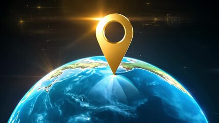 Golden location pin animation over Earth globe for global business and travel themes reveals North America - Powered by Adobe