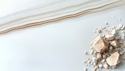 A collection of light-colored crushed minerals and larger rock fragments scattered on a smooth white surface, with layered, textured lines in the upper left cor