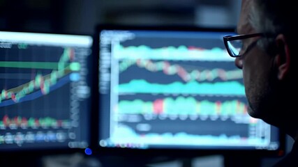 Stock trader investor computer financial analyzing market broker data analyst man screens on night representing authentic visual style and cinematic detail. - Powered by Adobe