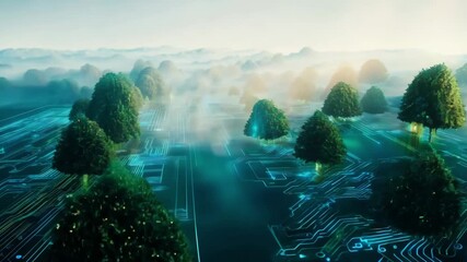 Futuristic nature scene with trees growing from circuit board earth with a misty background environment