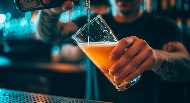 close-up de uma cerveja gelada sendo derramada em um copo por um barman profissional, conceito de vida noturna e happy hour