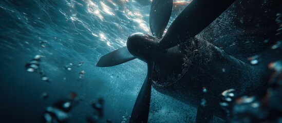 Underwater view of a ship's propeller, submerged in ocean, bubbles swirling