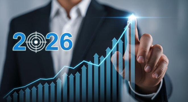 A successful business vision with a man pointing to a rising financial chart and the text "2026," ascending bar charts - Powered by Adobe
