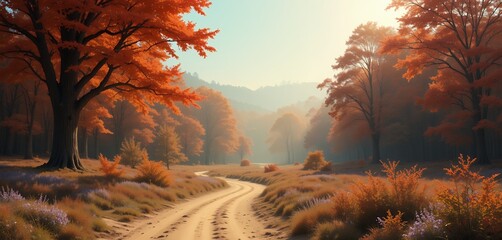 Serene winding path through vibrant autumn forest with colorful foliage at dawn