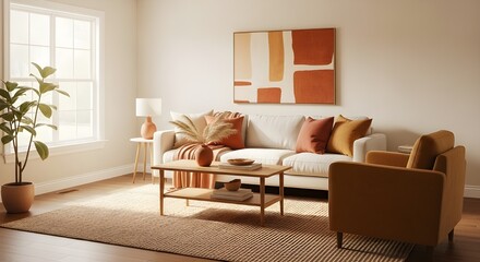 Fototapeta premium Bright and minimalist living room interior with a white sofa, terracotta/orange decor, wooden table, and a large plant.