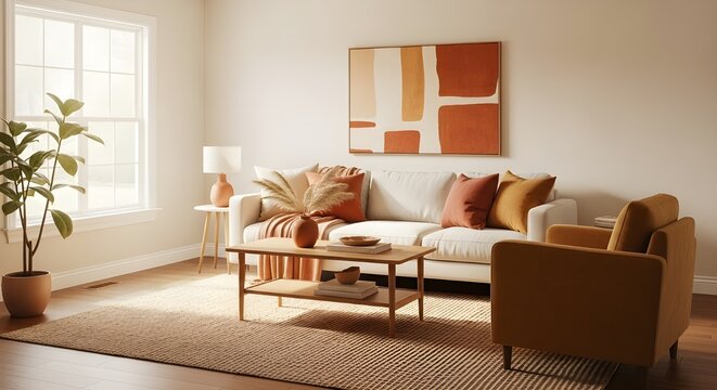 Bright and minimalist living room interior with a white sofa, terracotta/orange decor, wooden table, and a large plant.