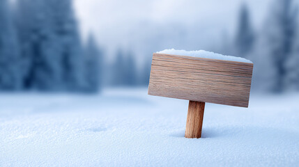 Naklejka premium Wooden sign snow winter blank cold frosty outdoor landscape forest empty peaceful tranquil nature icy white season message copy space chilly wood background frosted serene signage information